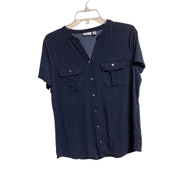 Croft & Barrow Womens Polka Dot Button-Down Blouse Size M Navy Blue & White JB-1 - Picture 1 of 6